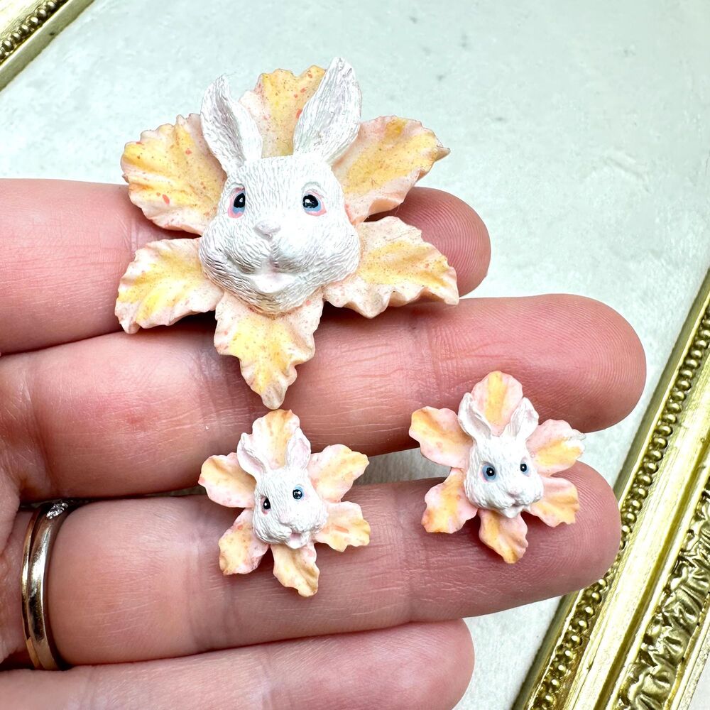 Vintage Easter Bunny Flower Brooch and Earrings Set Easter Jewelry